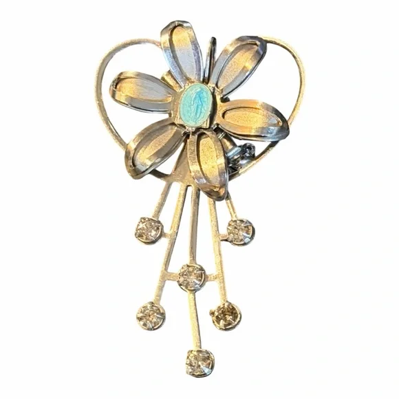 Vintage Madonna Cameo Flower Brooch Heart Rhinestone Dangle Pin - Picture 7 of 7